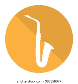 Isolated silhouette of a saxophone on a colored button on a white background