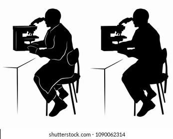 isolated silhouette of scientist with microscope , black and white drawing, white background