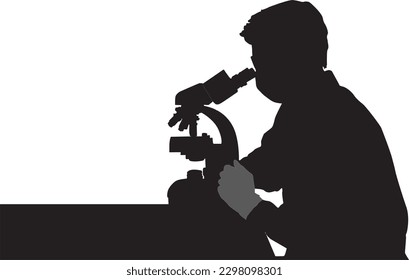 isolated silhouette of scientist with microscope , white background black and white drawing	