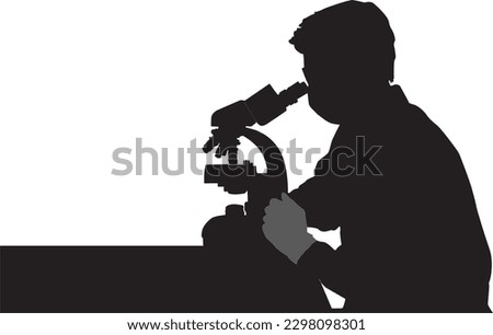 isolated silhouette of scientist with microscope , white background black and white drawing	