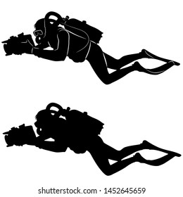 isolated silhouette of a scuba diver with camera, black and white vector drawing, white background