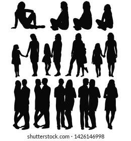  isolated, silhouette set people, girl, mother and child