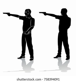 Isolated Silhouette Of A Shooter Of A Gun , Black And White Drawing, White Background