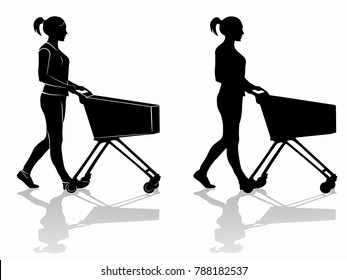 Isolated Silhouette Of A Shopping Woman With A Cart, Black And White Drawing, White Background