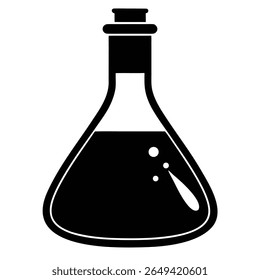 Isolated silhouette shows a filled laboratory flask with a narrow neck and round body, containing liquid. The chemical equipment is on a transparent background.