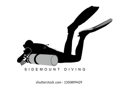 Isolated silhouette of a sidemount TEK diver with tanks beside: view from aside