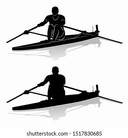 isolated silhouette of single scull racer . black and white vector drawing, white background 