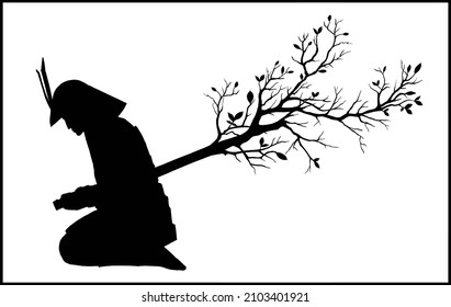 Isolated silhouette of a sitting Japanese warrior, who pierced himself with a katana from which branches with leaves grow. The last samurai in helmet and armor, made harakiri, without background.