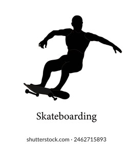 Iconos aislados del hombre del skateboarding de la silueta en fondo blanco.