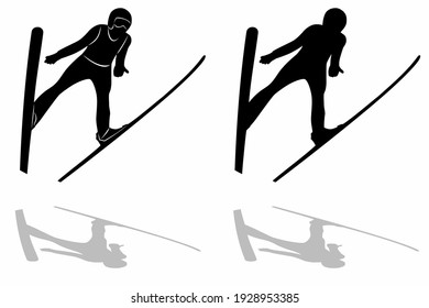 isolated silhouette of a ski jumper . black and white vector drawing, white background