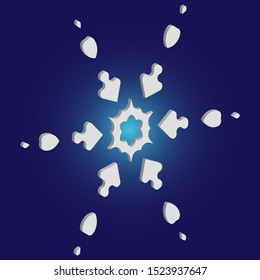 Isolated silhouette of snowflake on blue background. Vector illustration - decoration. Abstract concept with expressive forms and colors. White paper cut 3d symbol for christmas cards, banners.