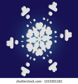 Isolated silhouette of snowflake on blue background. Vector illustration - pattern. Minimal concept with expressive forms and colors. White paper cut 3d symbol for christmas cards, banners.