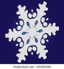 Isolated silhouette of snowflake on blue background. Vector illustration - art. Magic concept with expressive forms and colors. White paper cut 3d symbol for christmas cards, banners.