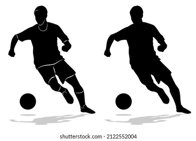 isolated silhouette of soccer player , black and white vector drawing, white background