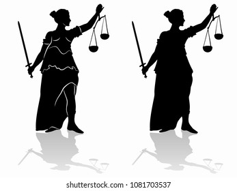 isolated silhouette of the statue of justice , black and white drawing, white background