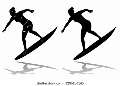 isolated silhouette of surfer woman , black and white drawing, white background