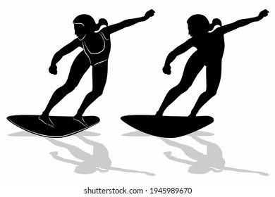 isolated silhouette of surfer woman , black and white drawing, white background