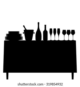 Isolated silhouette of table with champagne, wine glasses and plates.