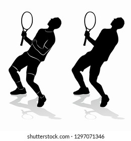 isolated silhouette of a tennis winner, black and white drawing, white background