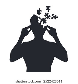 Isolierte Silhouette eines denkenden Mannes mit Puzzleteilen aus seinem Kopf. Psychisches Gesundheitskonzept. Zeichnung für ein Psychologiebuch. Kontur eines depressiven Mannes. Vektorgrafik