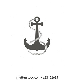 Isolated silhouette vector illustration of vintage anchor and rope, dust noise texture. Naval object for hipster logo, sign, symbol or sticker