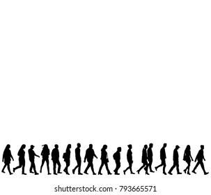 isolated silhouette of walking people one after another group