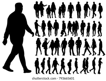  isolated silhouette of walking people set