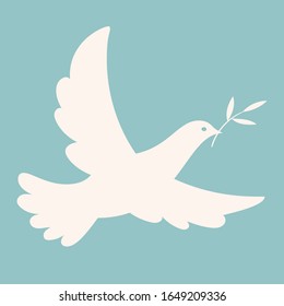 An isolated silhouette of a white dove carrying an olive branch