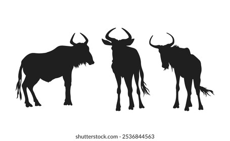 Isolated silhouette of wildebeests. African scene of savannah animals. Antelope gnu portrait. Zoo clipart. Vector illustration