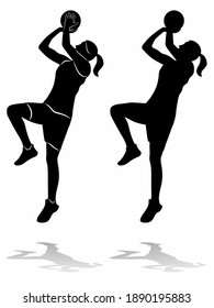 isolated silhouette of a woman basketball player, black and white vector drawing, white background