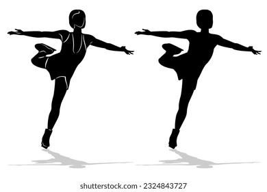 isolated silhouette of a woman figure skater , black and white drawing, white background