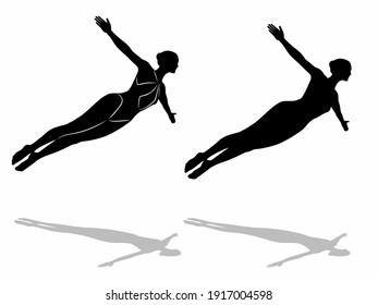 isolated silhouette of a woman jumping or falling into water, black and white vector draving, white background