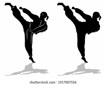 isolated silhouette of a woman martial athletes, black and white vector drawing, white background