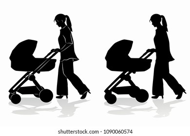 Isolated Silhouette Of Woman With A Stroller , Black And White Drawing, White Background