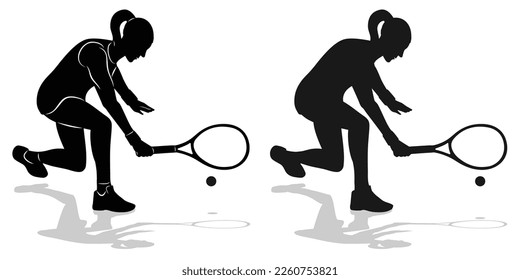 isolated silhouette of a woman tennis  player, black and white vector drawing, white background