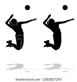 isolated silhouette of a woman volleyball player , black and white drawing, white background