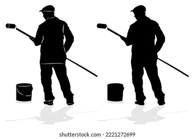 isolated silhouette of a worker - painter with a roller, bucket of paint, black and white drawing, white background