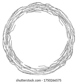 Isolated silhouette of a wreath of different branches without leaves. Handwritten graphic technique