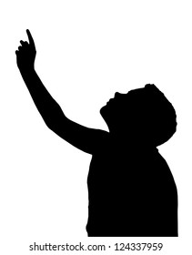 Isolated Silhouetted Boy Child Gesture and Activity Pointing Upwards