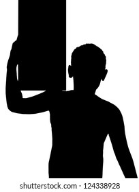Isolated Silhouetted Boy Child Gesture and Activity Carrying Box on Shoulder