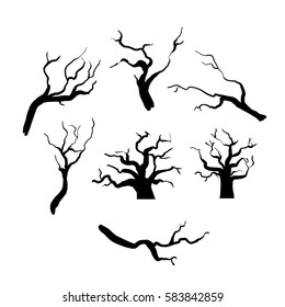 Isolated silhouettes of branches and trees set. Vector clip art  illustration.