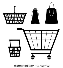 Isolated silhouettes collection with shopping carts, trolleys. Set of shopping elements. Sale. Packages. Shopping baskets, carts contours. Handcarts