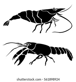 Isolated silhouettes of crayfish and shrimp.