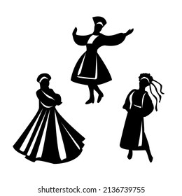 Isolated silhouettes of dancing girls in national costumes from Eastern Europe: Ukraine, Russia, Belarus. Can be used in infographics, prints, posters, logos, clothing prints.