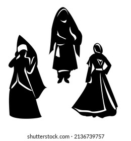 Isolated silhouettes of dancing girls in national costumes from former republics of the USSR: Kazakhstan, Georgia, Tajikistan. Can be used in infographics, prints, posters, logos, clothing prints.