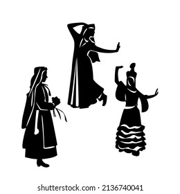 Isolated silhouettes of dancing girls in national costumes from former republics of the USSR: Lithuania, Uzbekistan, Kyrgyzstan. Can be used in infographics, prints, posters, logos, clothing prints.