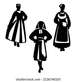 Isolated silhouettes of dancing girls in national costumes from former republics of the ussr: Latvia, Karelia, Moldova. Can be used in infographics, prints, posters, logos, clothing prints.