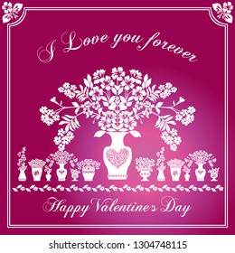 Isolated silhouettes of flowers in vase.  
Valentine's Day  greeting card