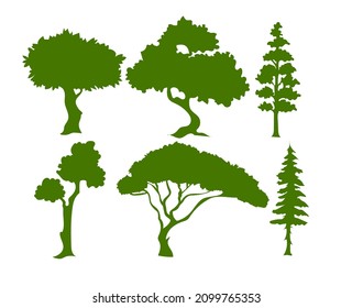 Isolated Silhouettes of green trees. Spruce, oak and others. For logos and banners. Concept for the conservation of trees and nature in general. Vector illustration.