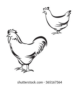 Isolated silhouettes of hen and cock